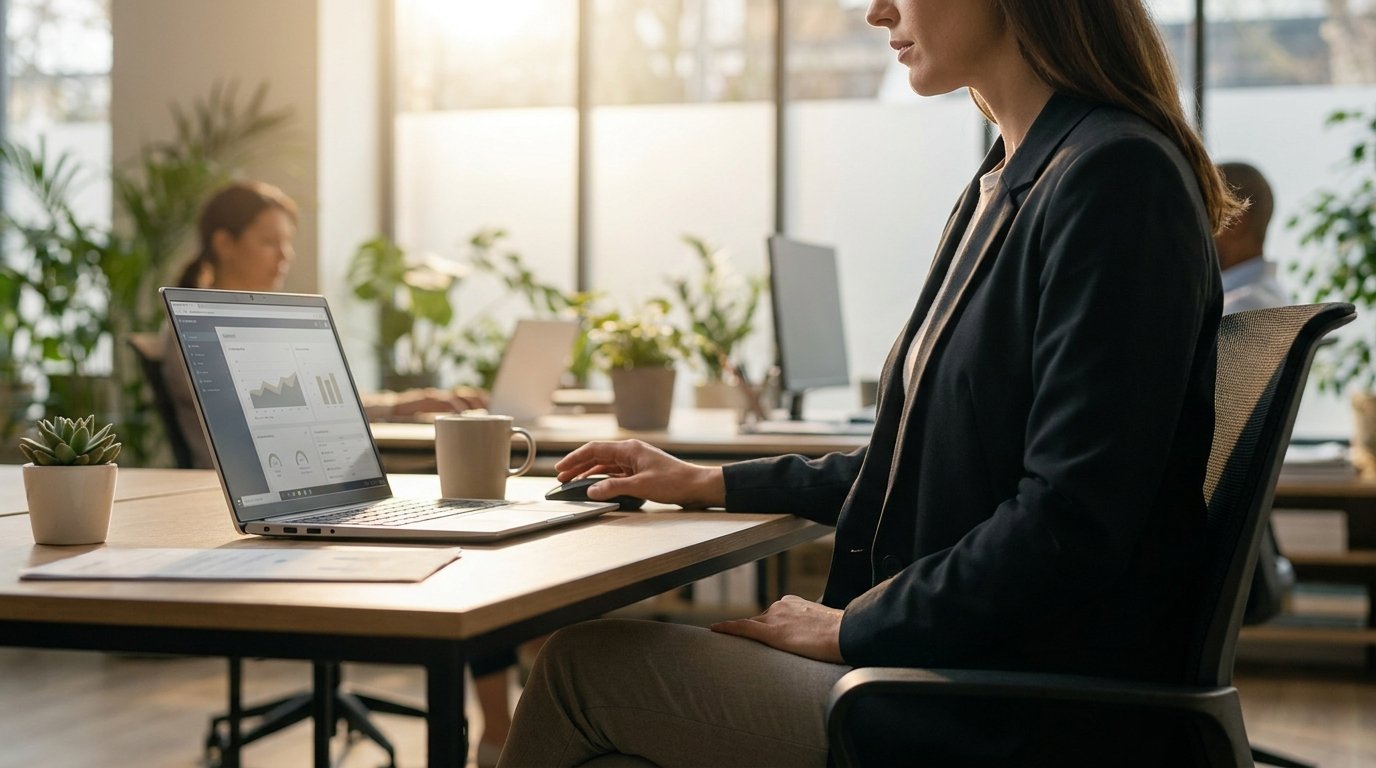 A professional at a desk looking thoughtfully at a suspicious email on their laptop screen