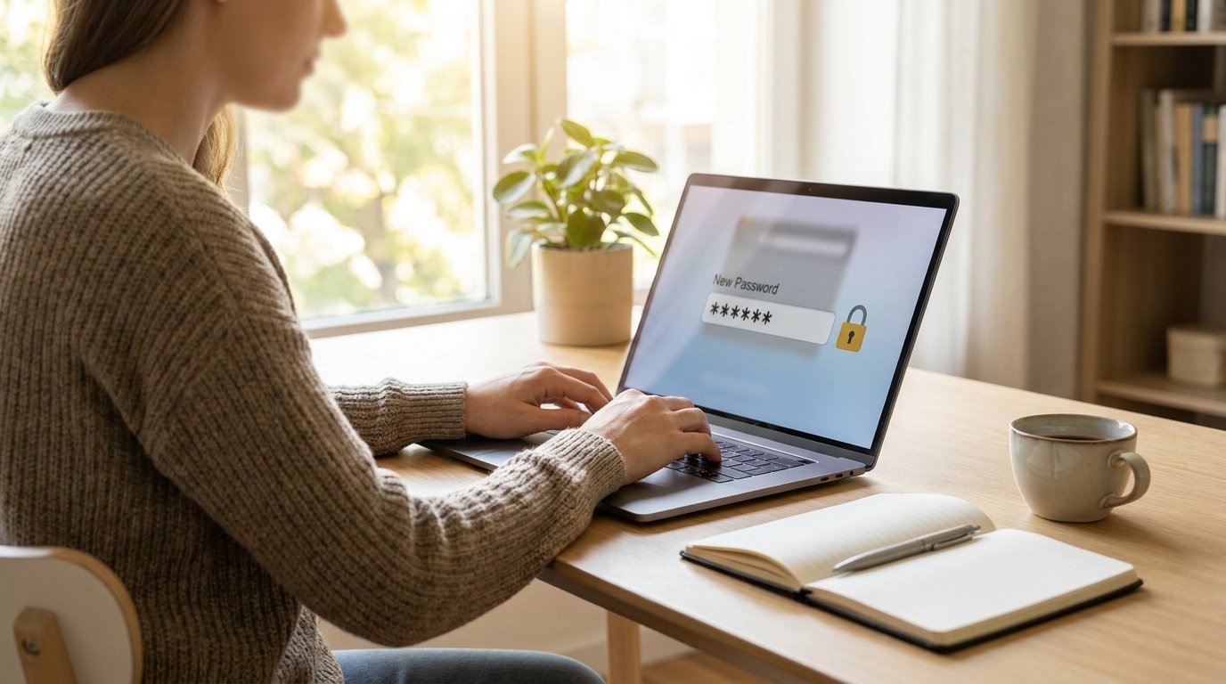 A person at a clean modern desk setting up a password manager on their laptop