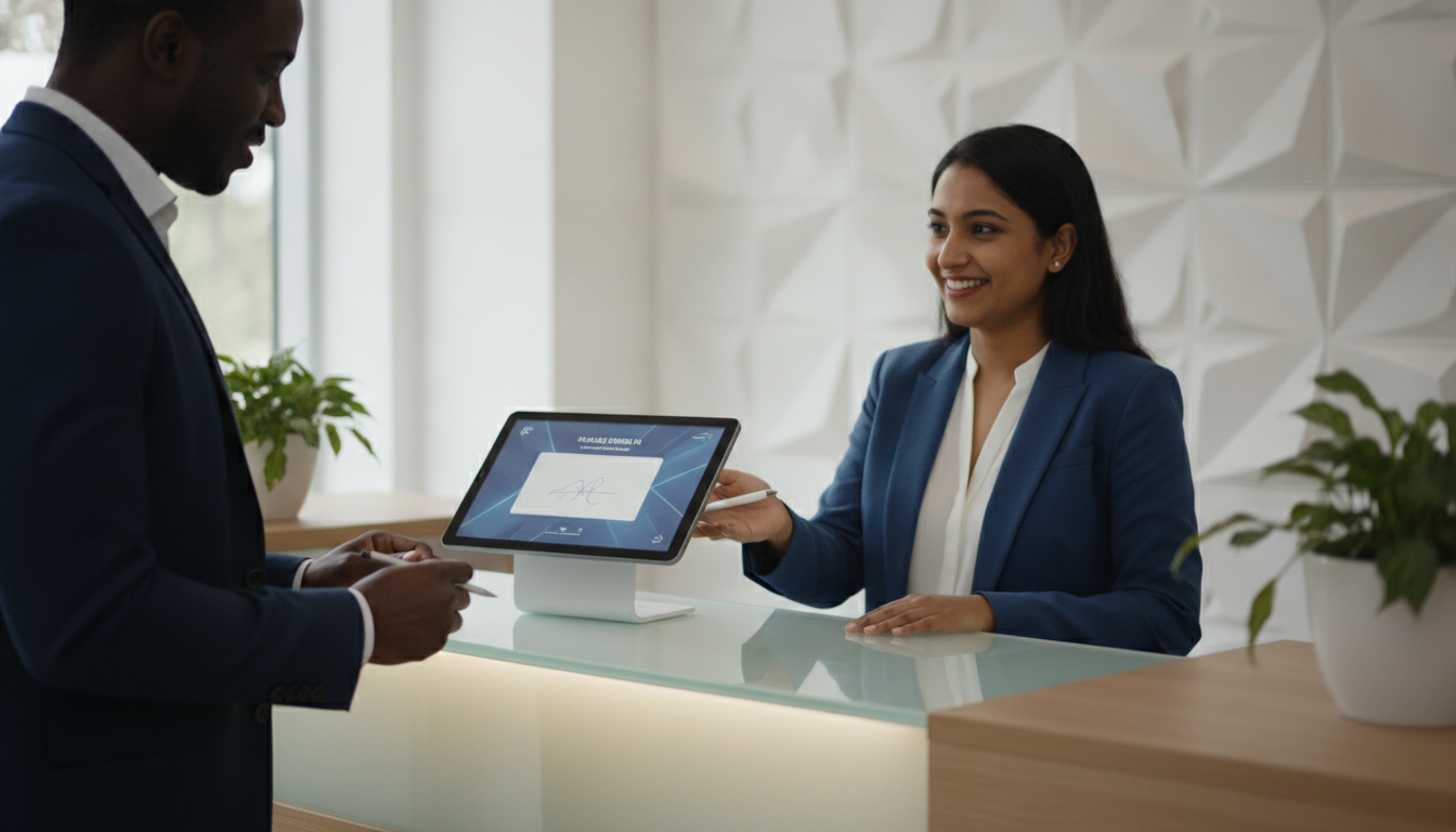 A receptionist at a modern office front desk politely asking a visitor to sign in at a badge check-in system