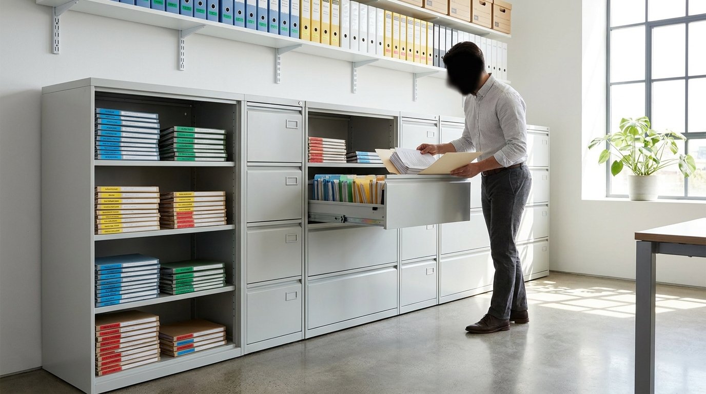 Organized filing cabinets with color-coded labels in a bright office storage room, a person neatly organizing documents into labeled folders
