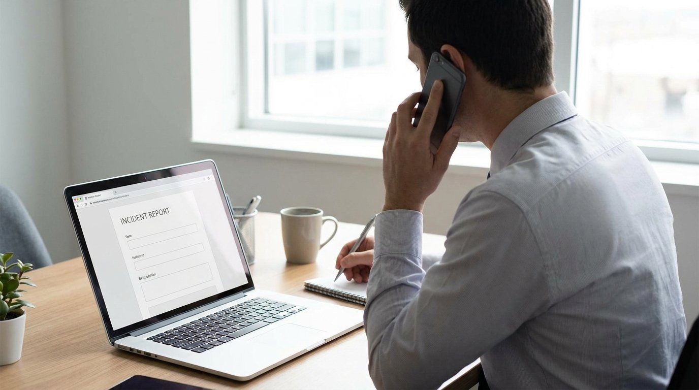 A calm professional on a phone call at their desk, taking notes while reporting an incident
