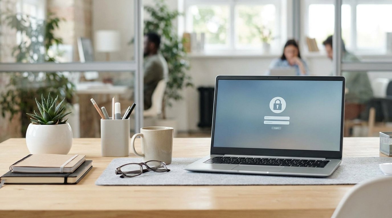 A clean organized office desk with a laptop showing a locked screen, a small plant, and a tidy workspace