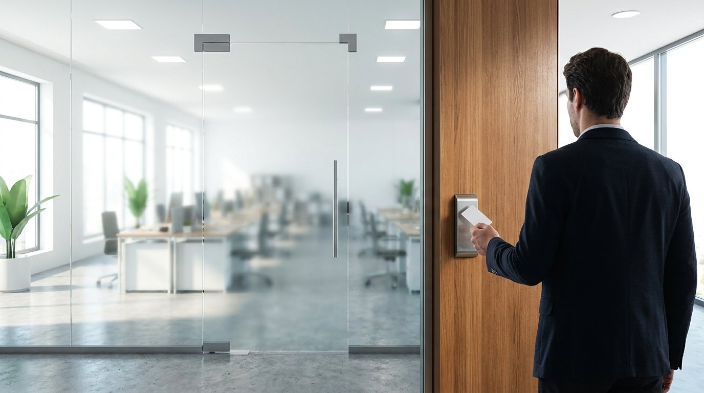 A modern office entrance with a keycard badge reader on the wall next to a glass door, an employee tapping their access badge