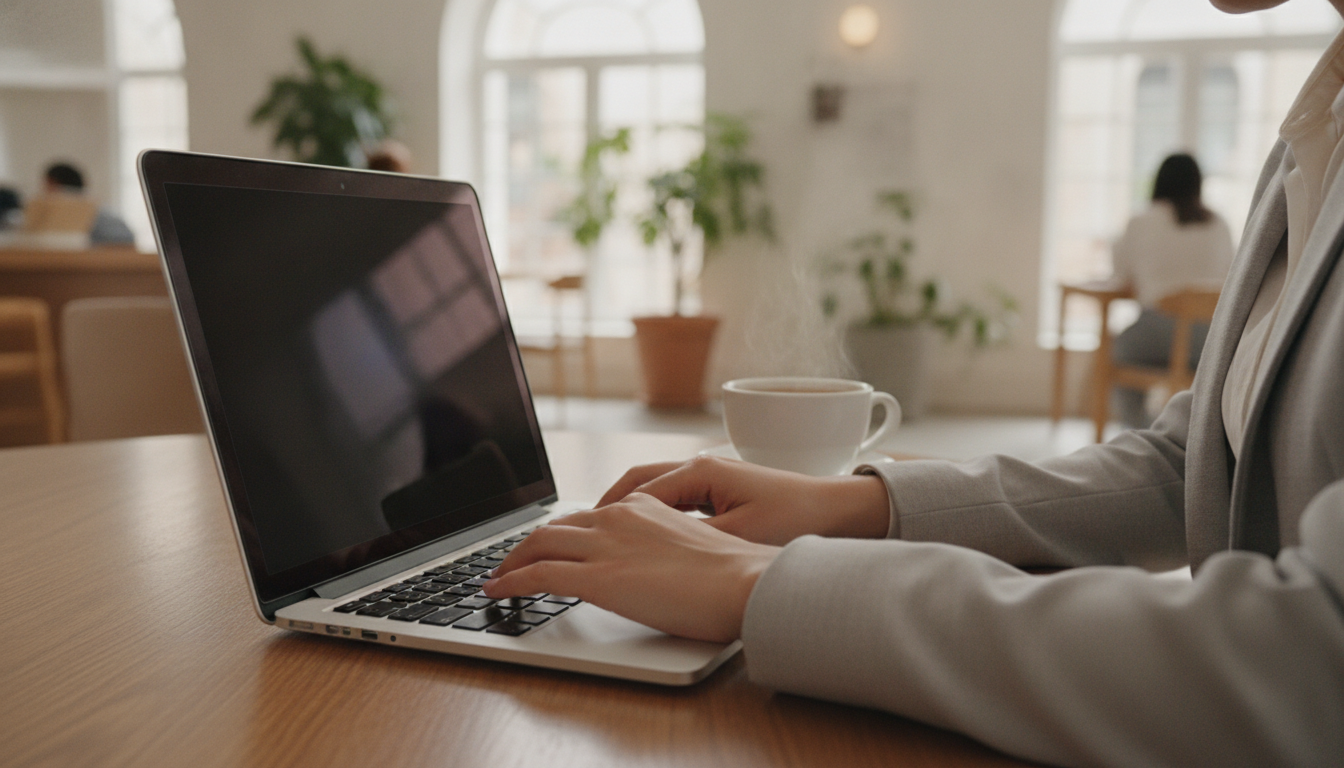 A person working on a laptop in a bright coffee shop, using a privacy screen filter, laptop on a clean table with a coffee cup