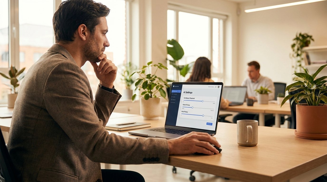 A professional reviewing AI tool settings on their laptop screen, looking thoughtful and careful