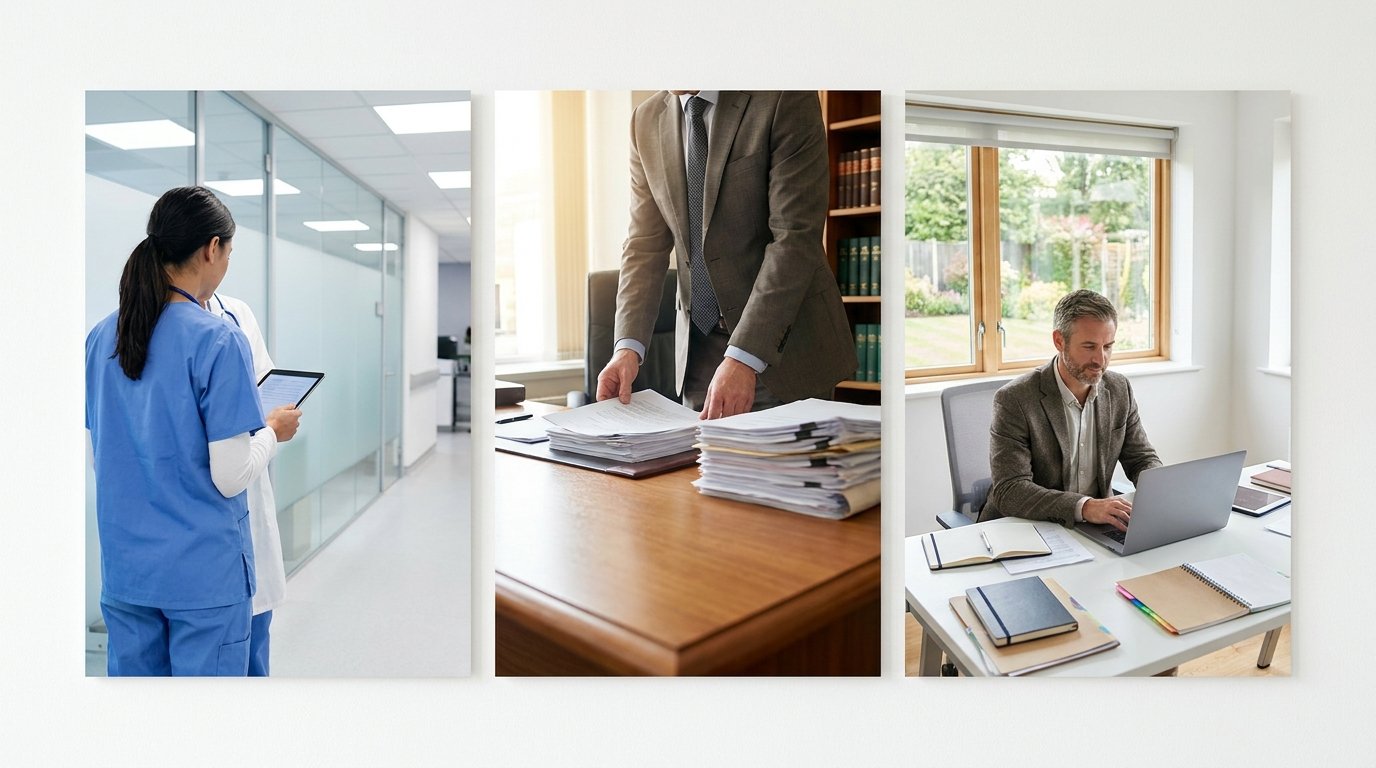 Three different professionals in their environments: a healthcare worker with a tablet, a lawyer with documents, and a nonprofit director at a desk